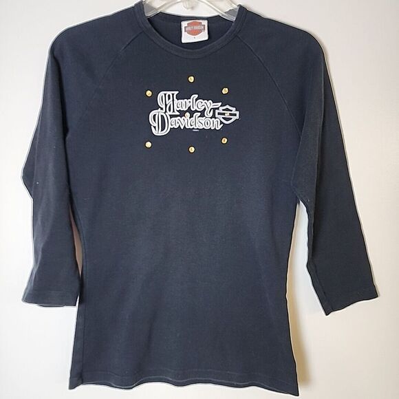 Vintage‎ 2002 Harley Davidson Top Women's Large Black Gold Bikercore Daytona USA - Picture 1 of 11